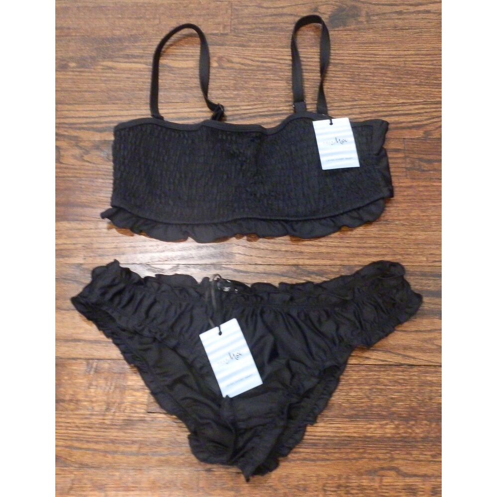 Pour Moi Black Free Spirit Strapless Underwired Top/Frill Swimsuit Bikini L/34D
